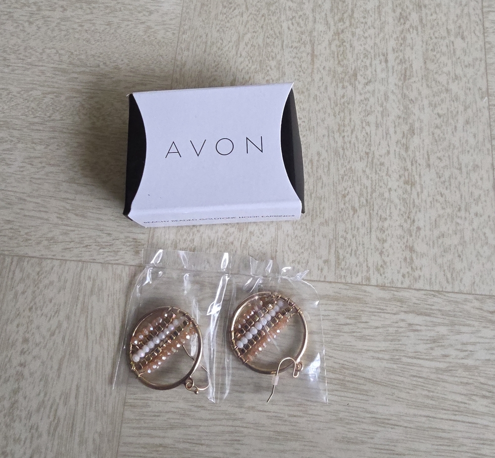 Avon Beachy Beaded Goldtone Hoop Earrings